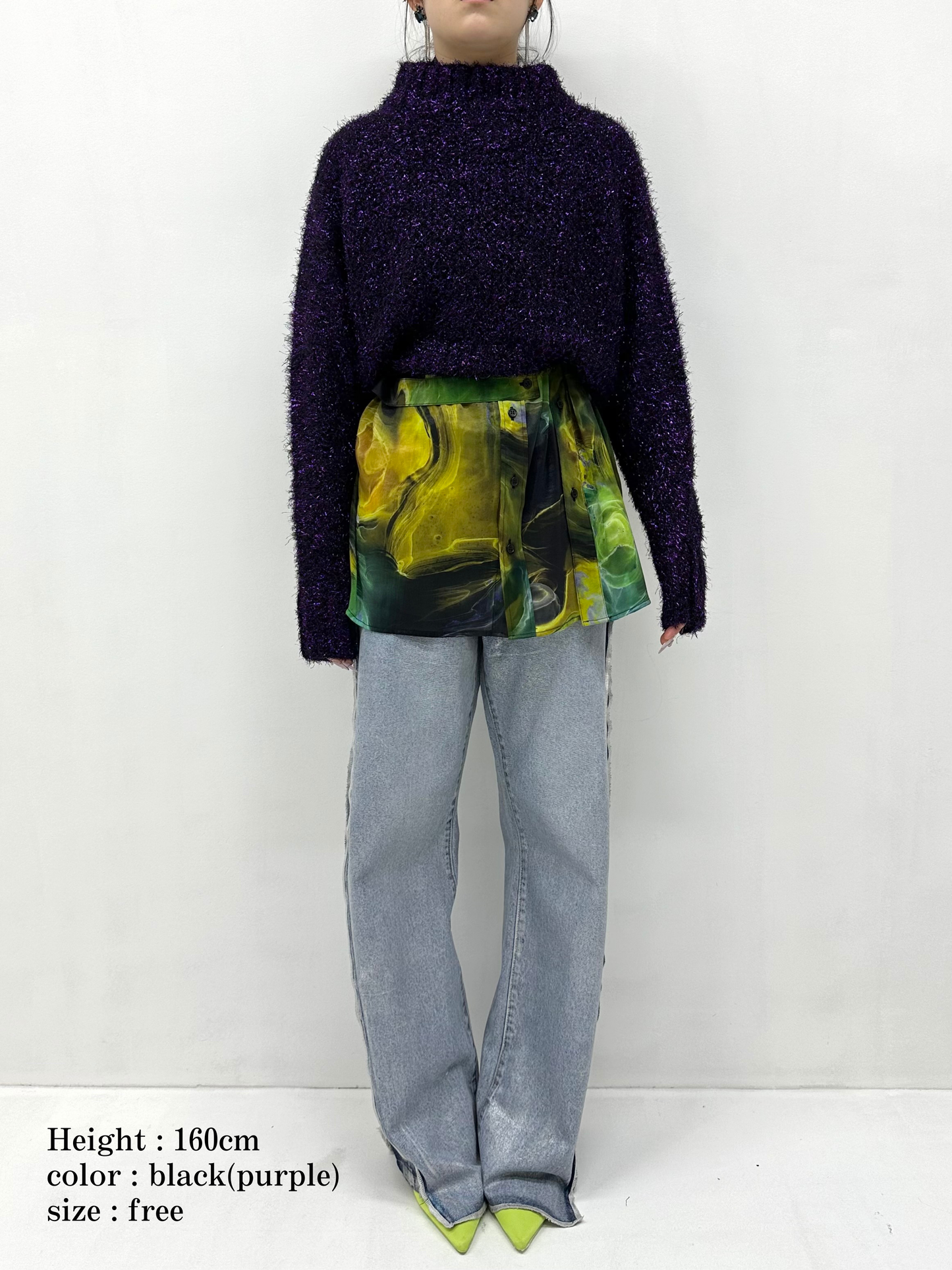 2way lame shaggy layered knit