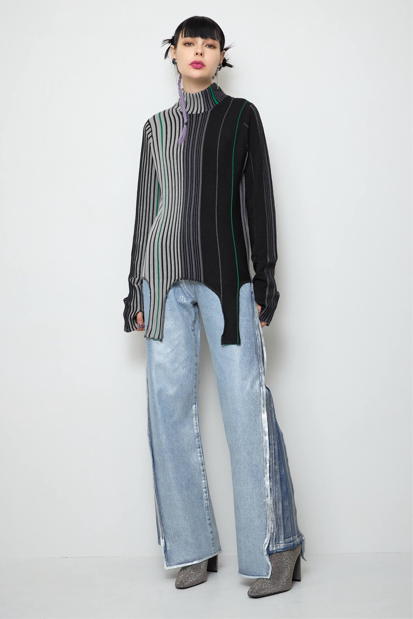 Irregular hem multicolor rib knit