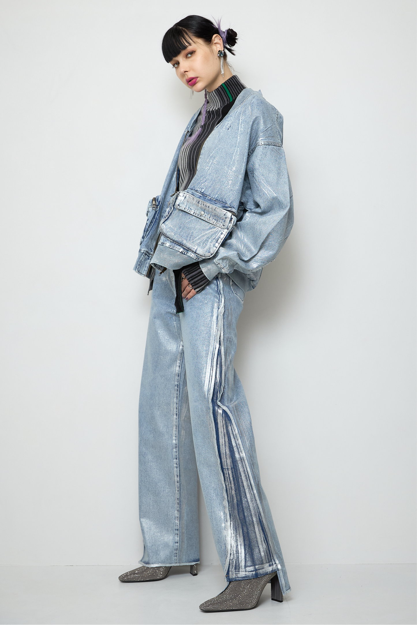 Foil print denim blouson