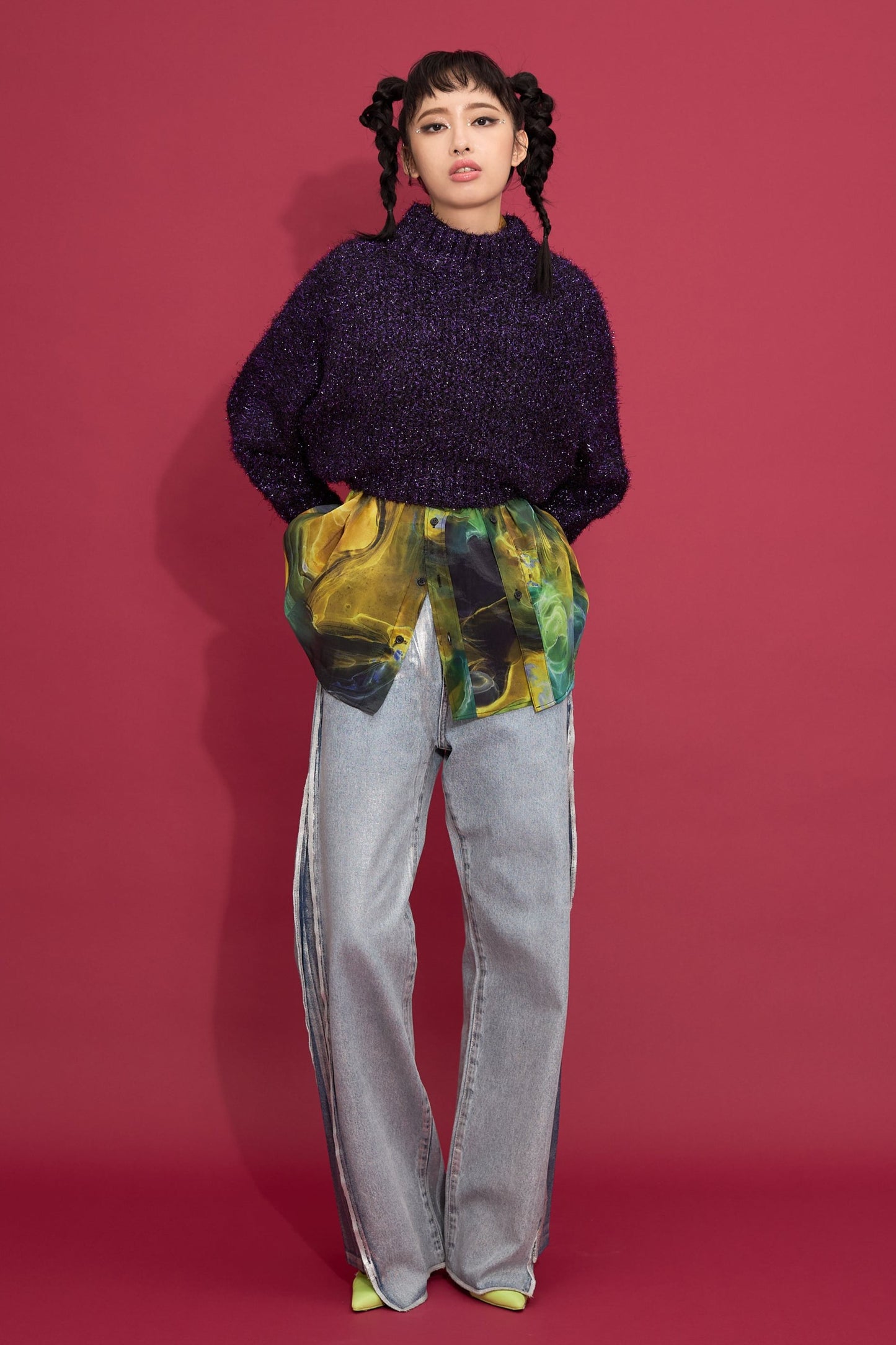 2way lame shaggy layered knit