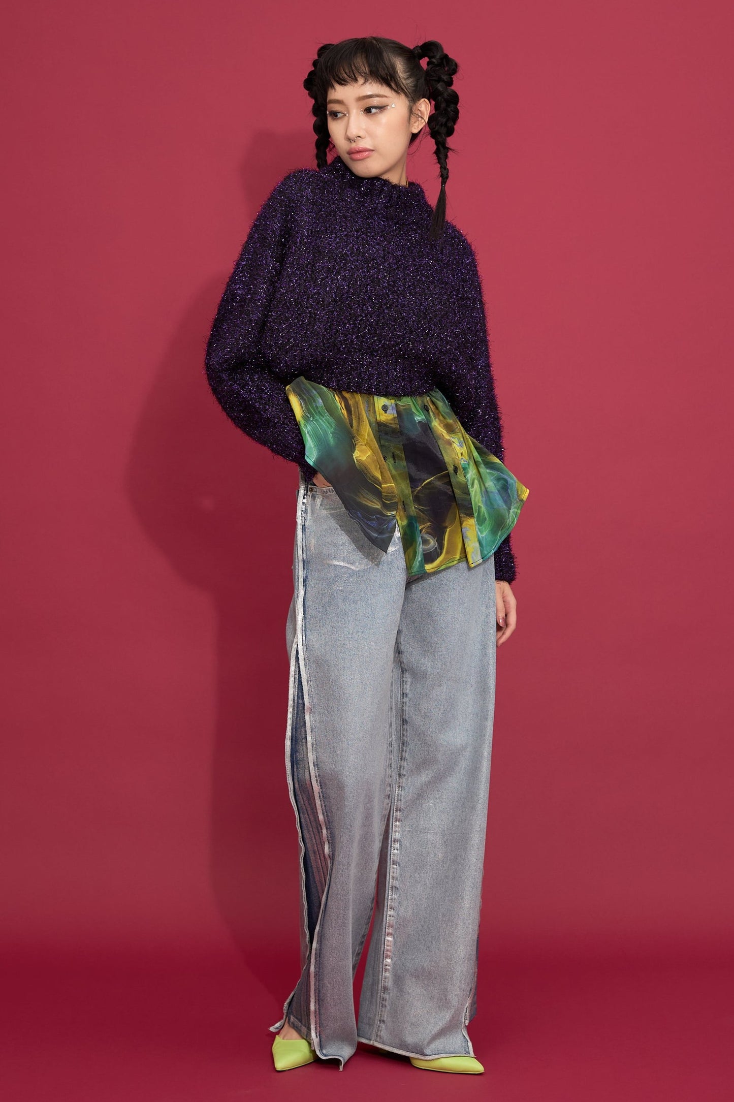 2way lame shaggy layered knit