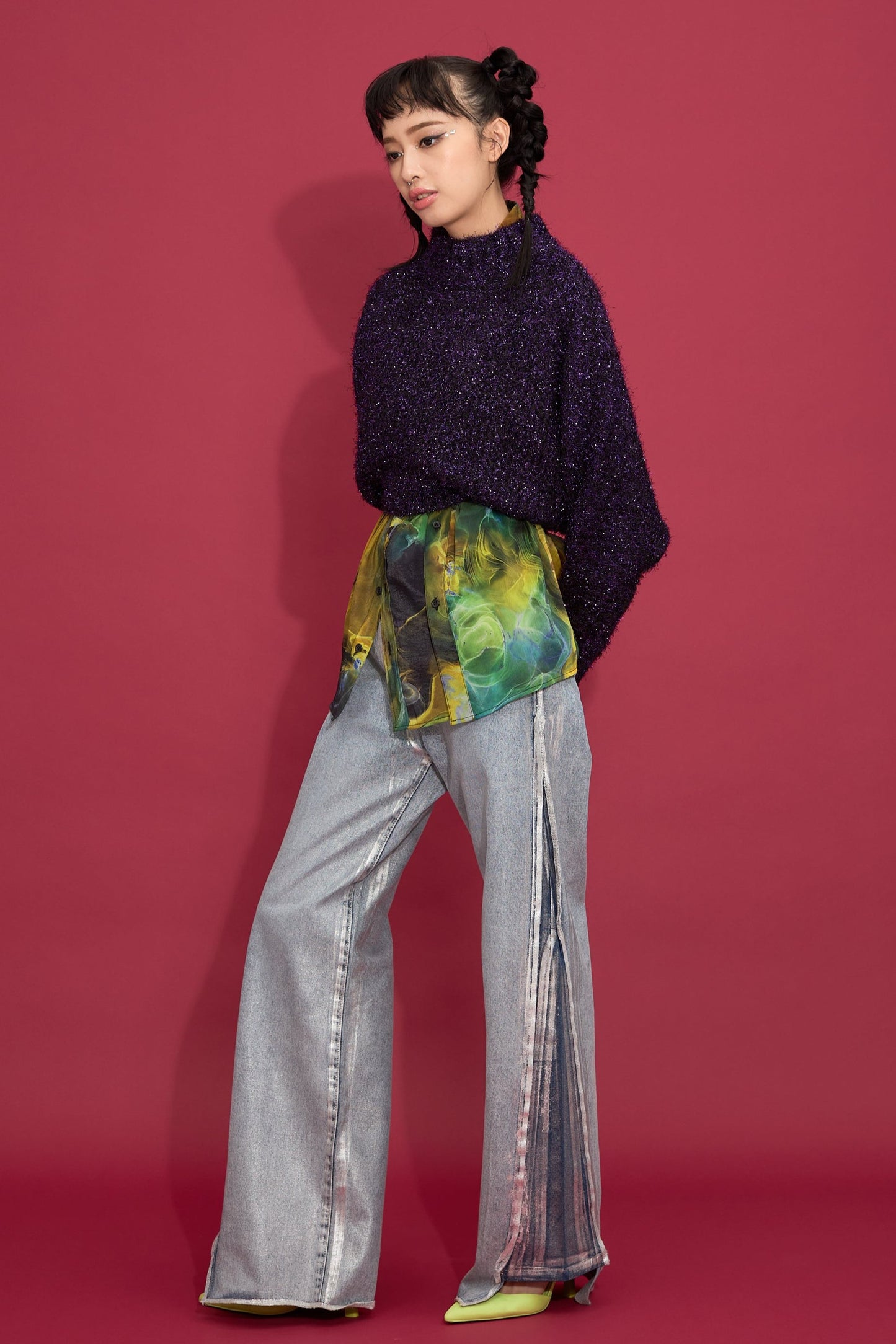 2way lame shaggy layered knit