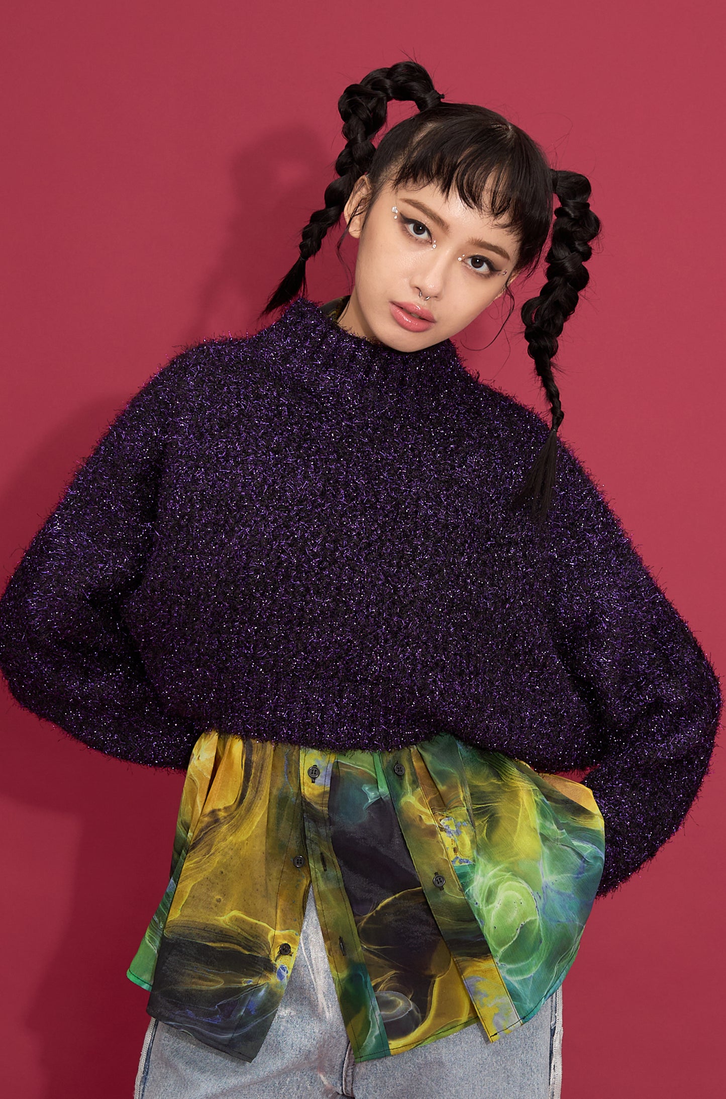 2way lame shaggy layered knit