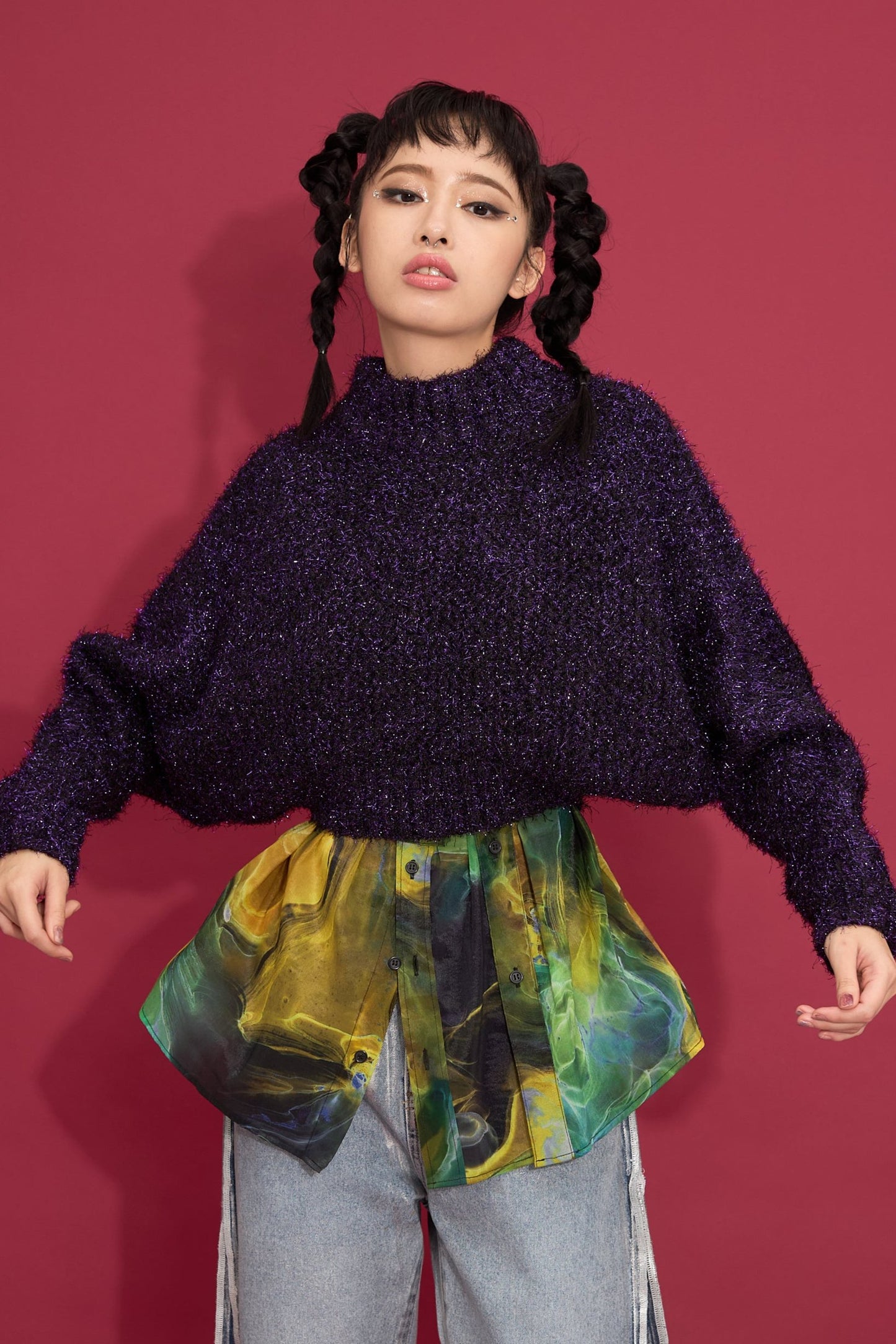 2way lame shaggy layered knit