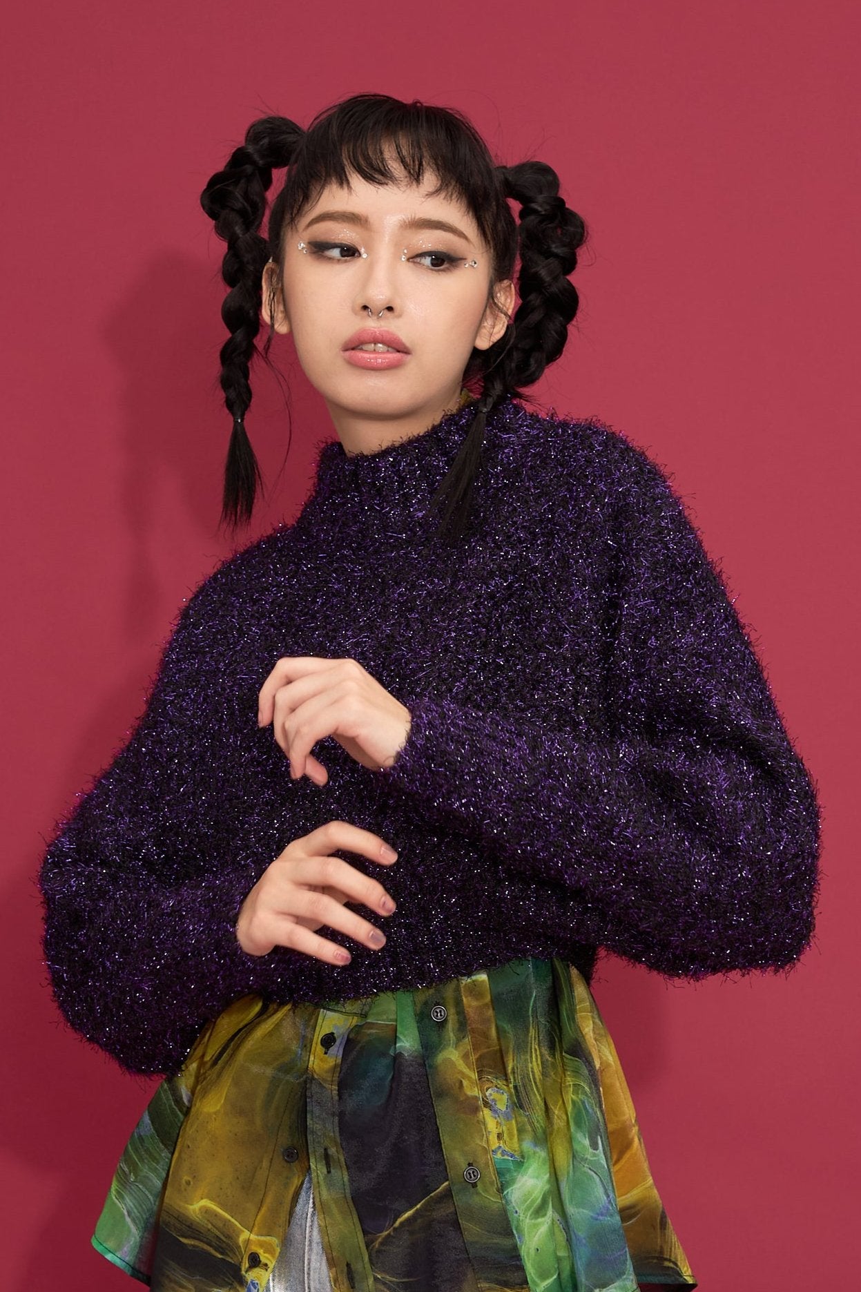 2way lame shaggy layered knit