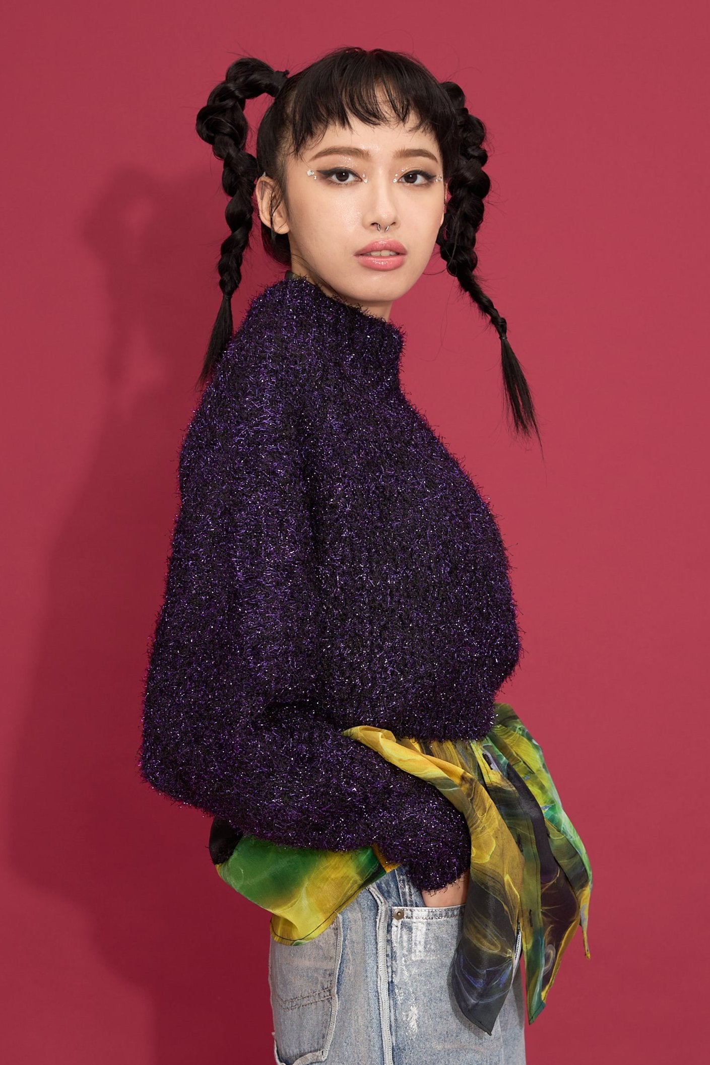 2way lame shaggy layered knit