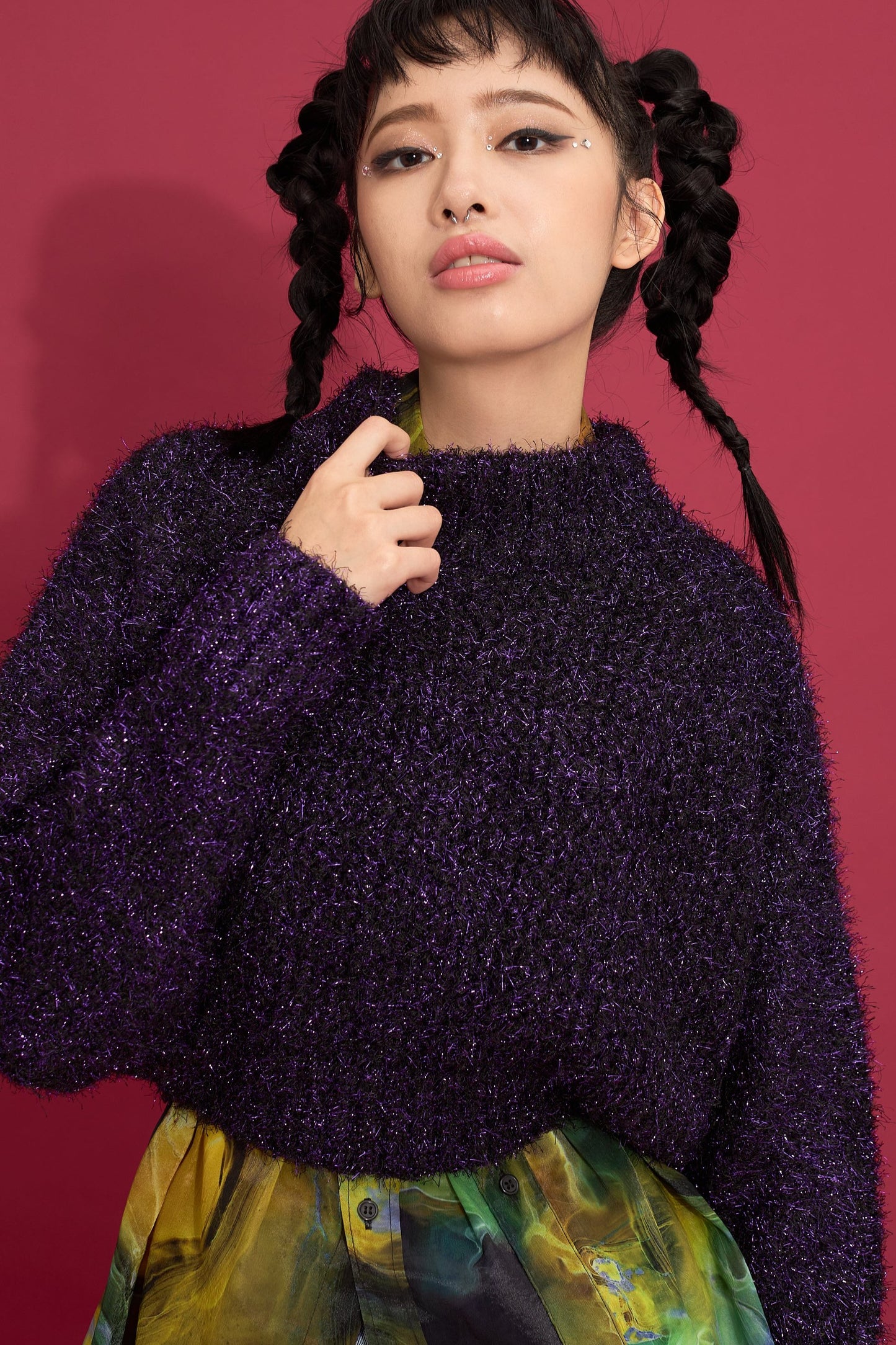 2way lame shaggy layered knit