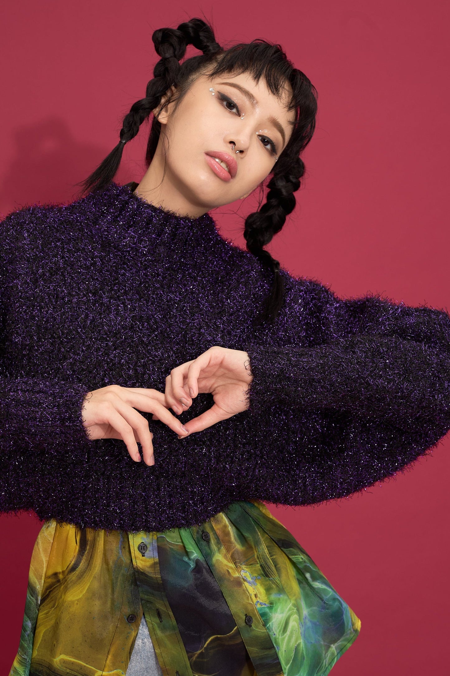 2way lame shaggy layered knit