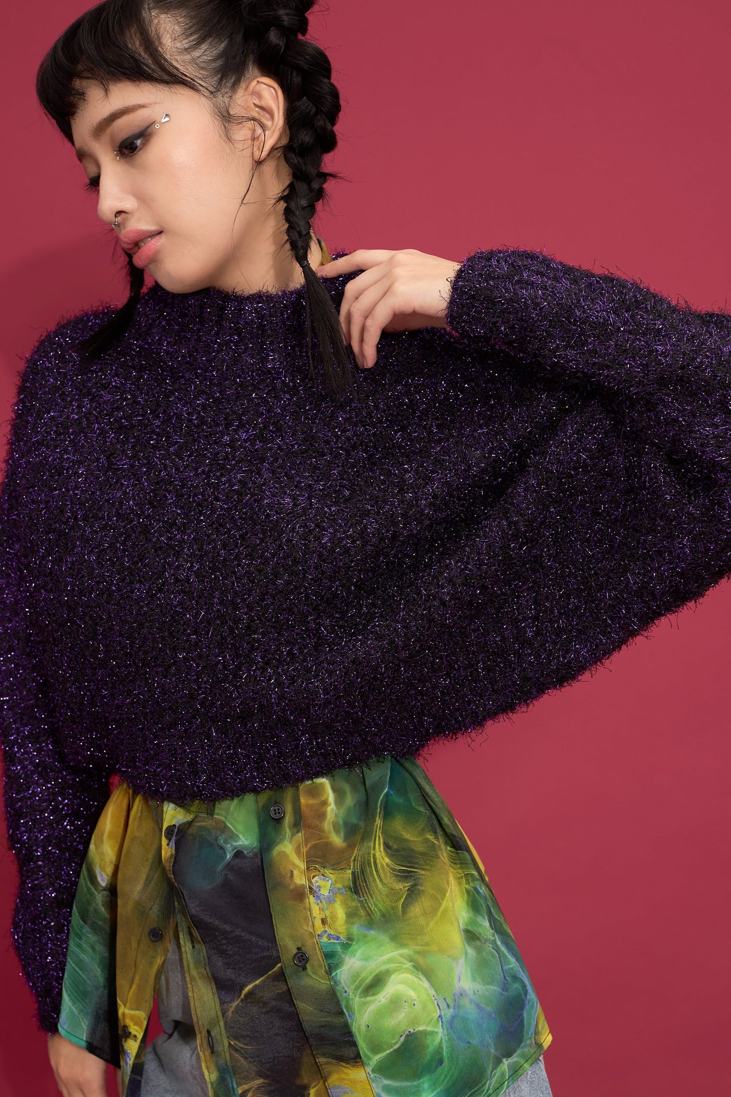 2way lame shaggy layered knit