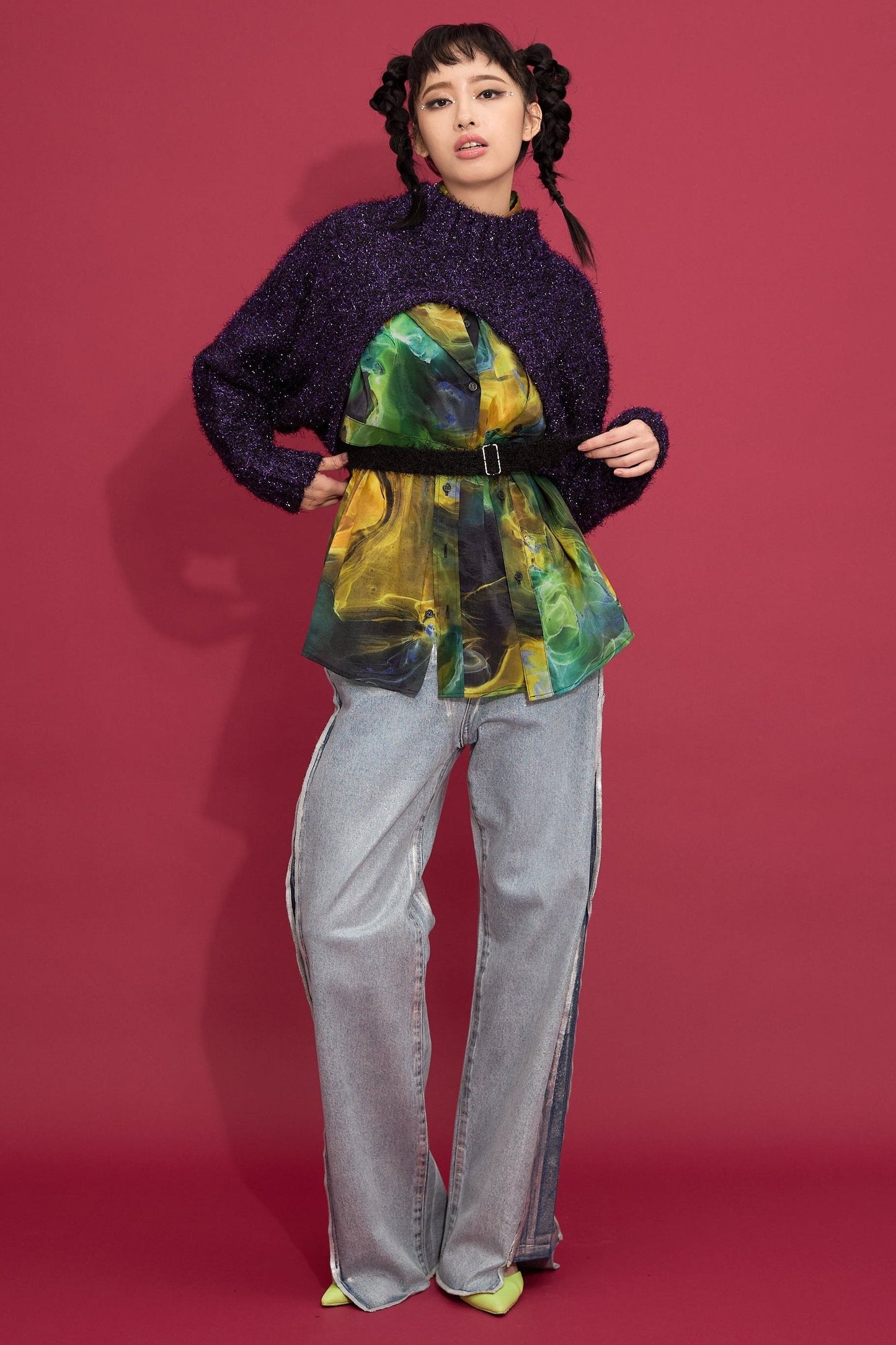 2way lame shaggy layered knit