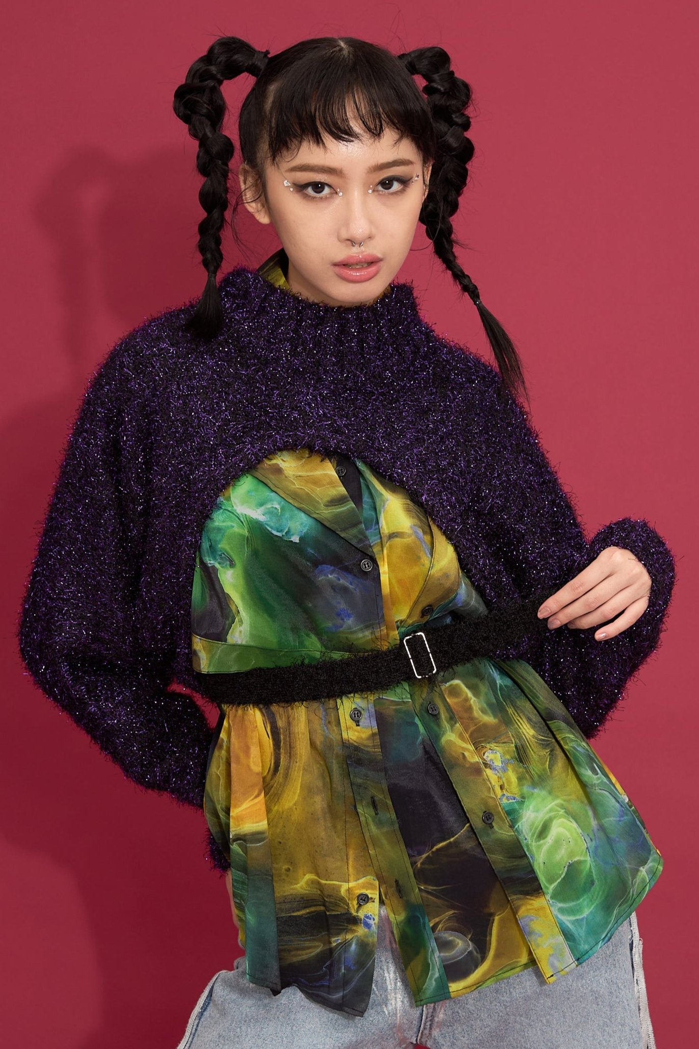 2way lame shaggy layered knit