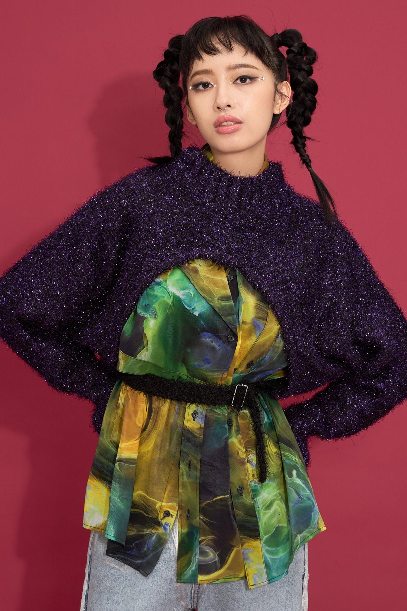 2way lame shaggy layered knit