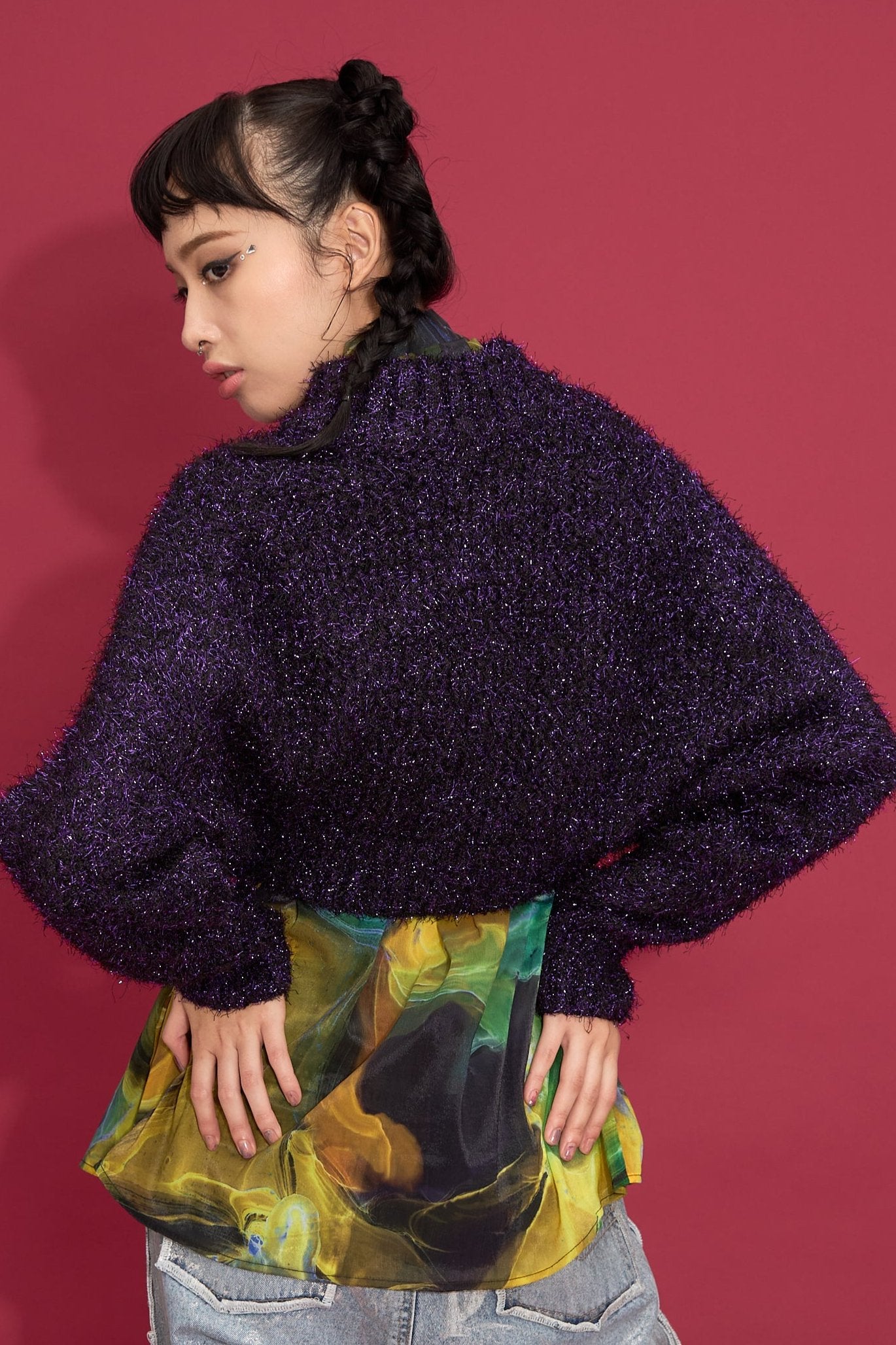 2way lame shaggy layered knit