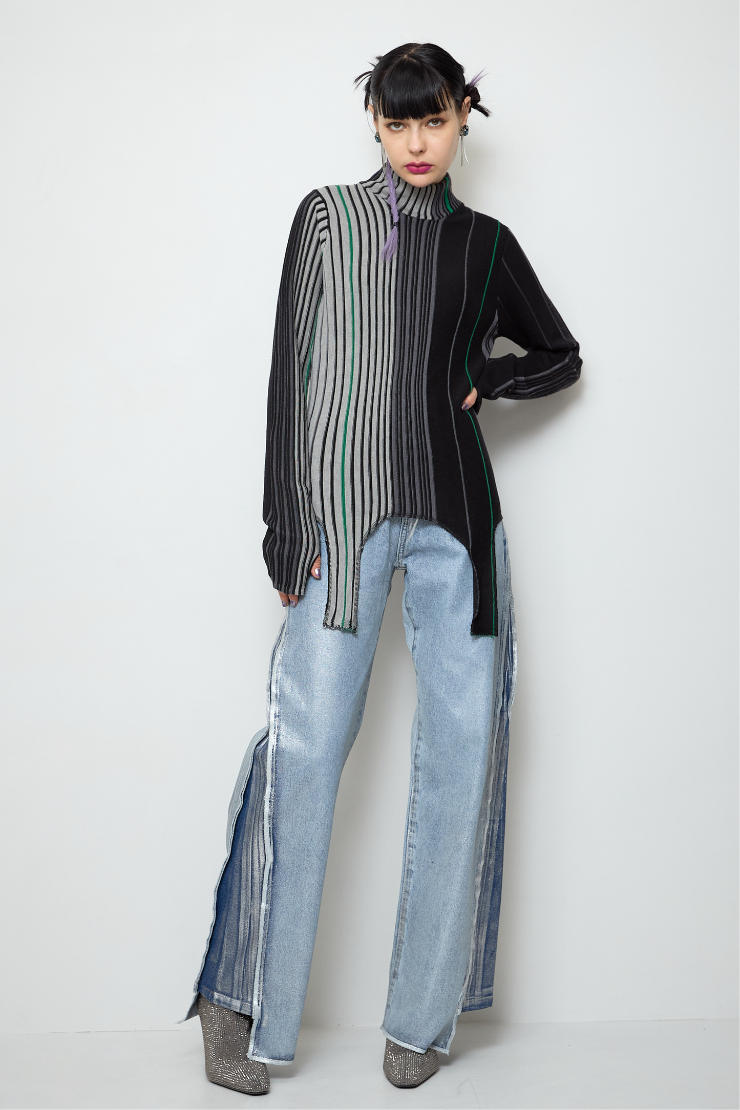 Irregular hem multicolor rib knit