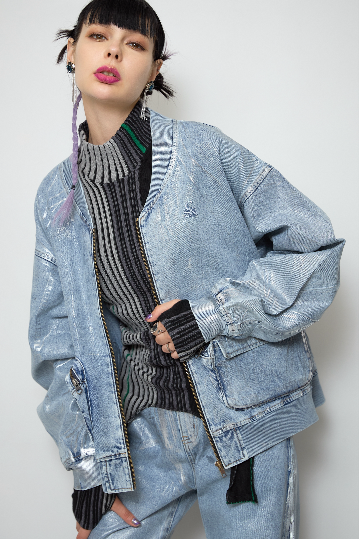 Foil print denim blouson
