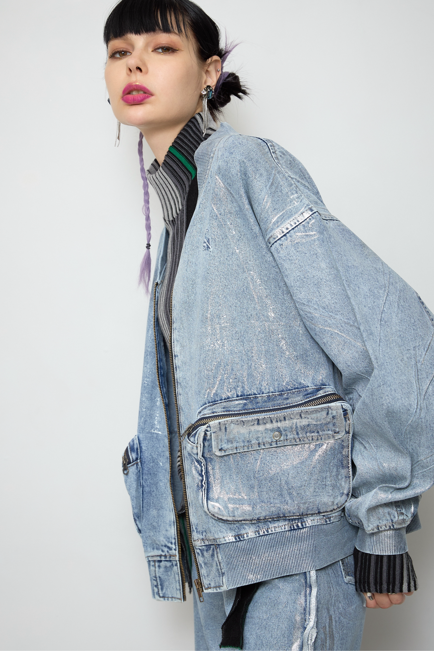 Foil print denim blouson