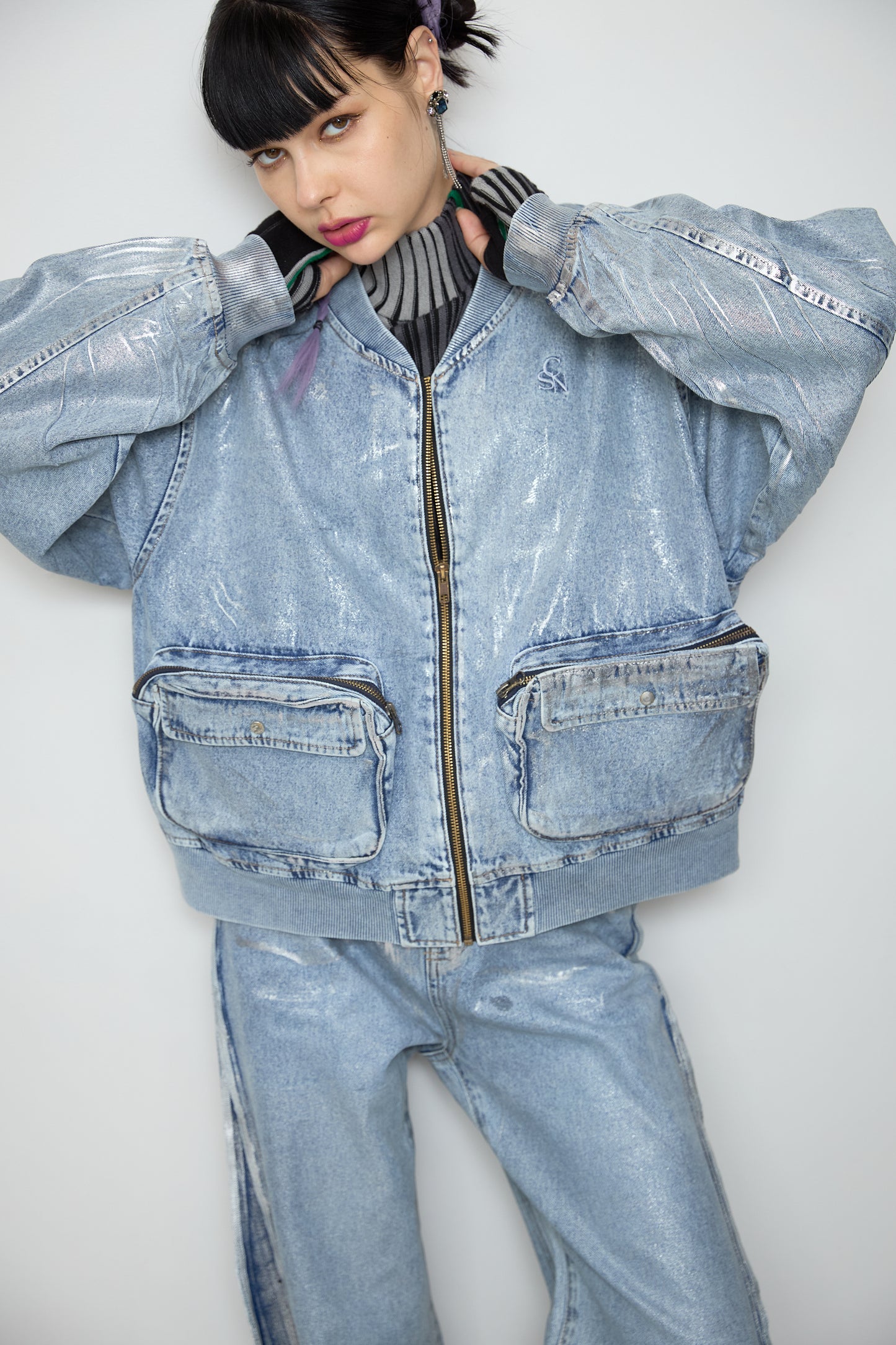 Foil print denim blouson