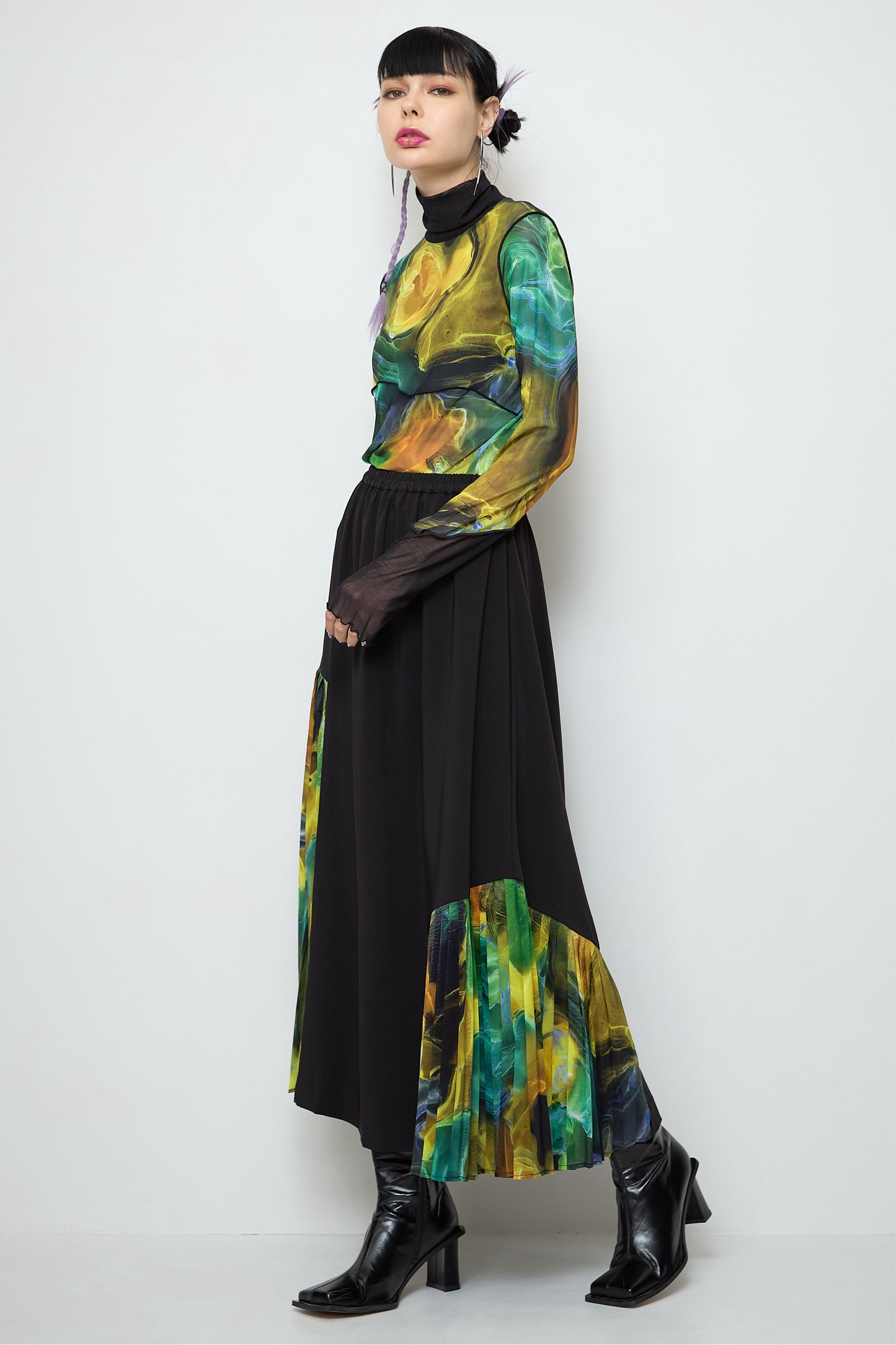 Marble Paint Asymmetry Pleated Skirt