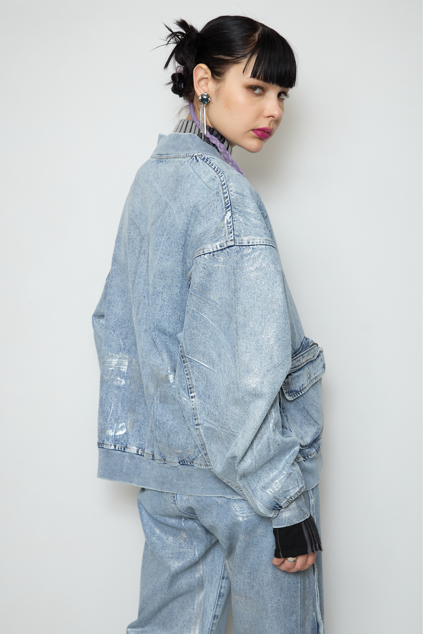 Foil print denim blouson