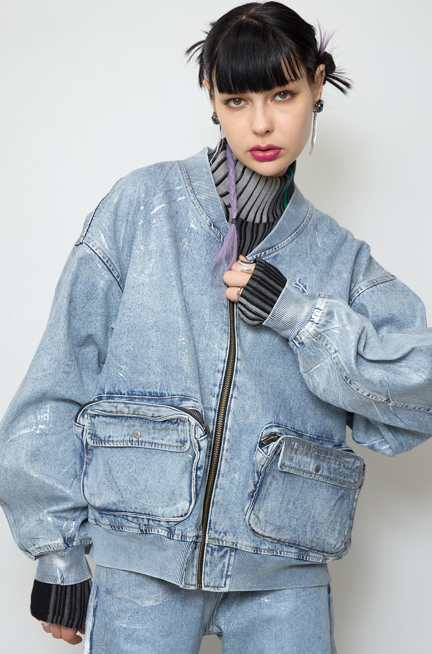 Foil print denim blouson
