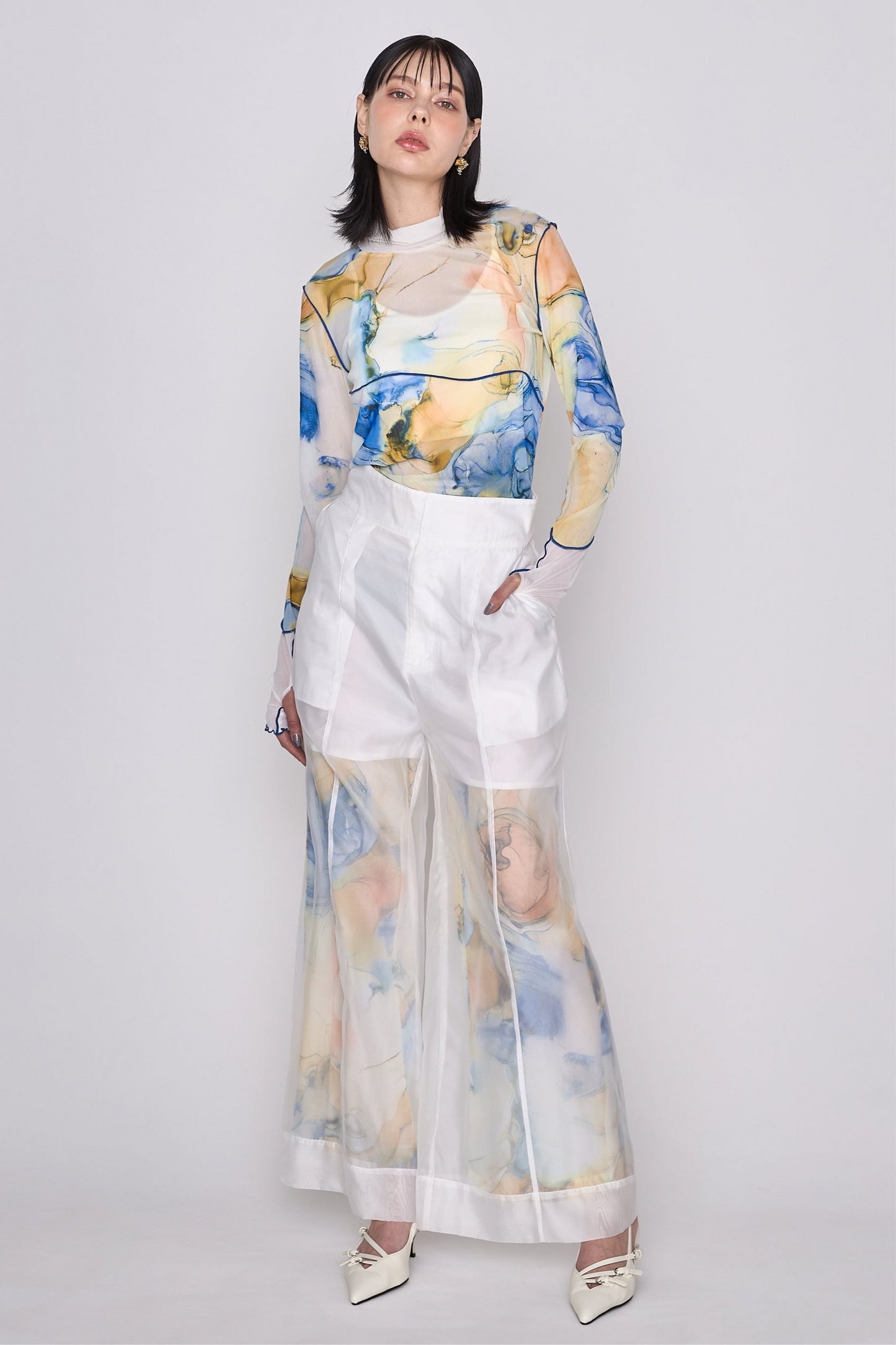 【残1点】Marble paint sheer wide pants