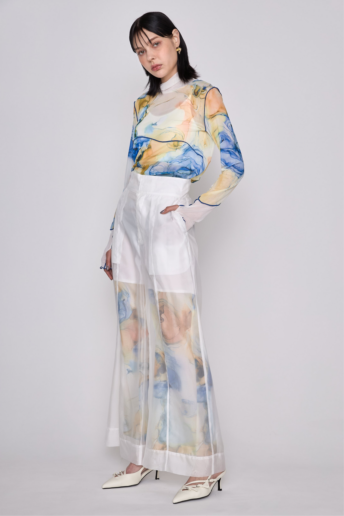 【残1点】Marble paint sheer wide pants