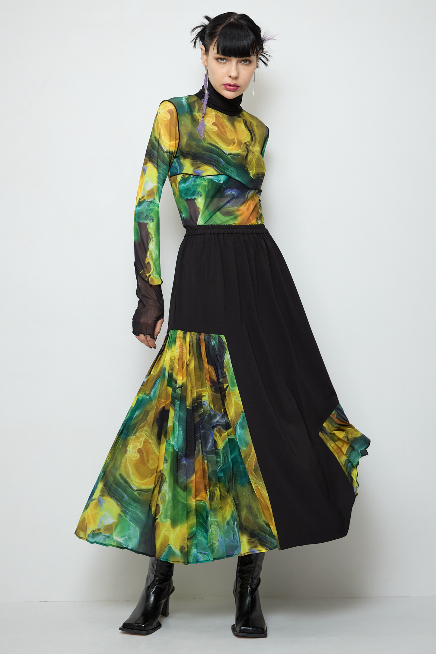 Marble Paint Asymmetry Pleated Skirt