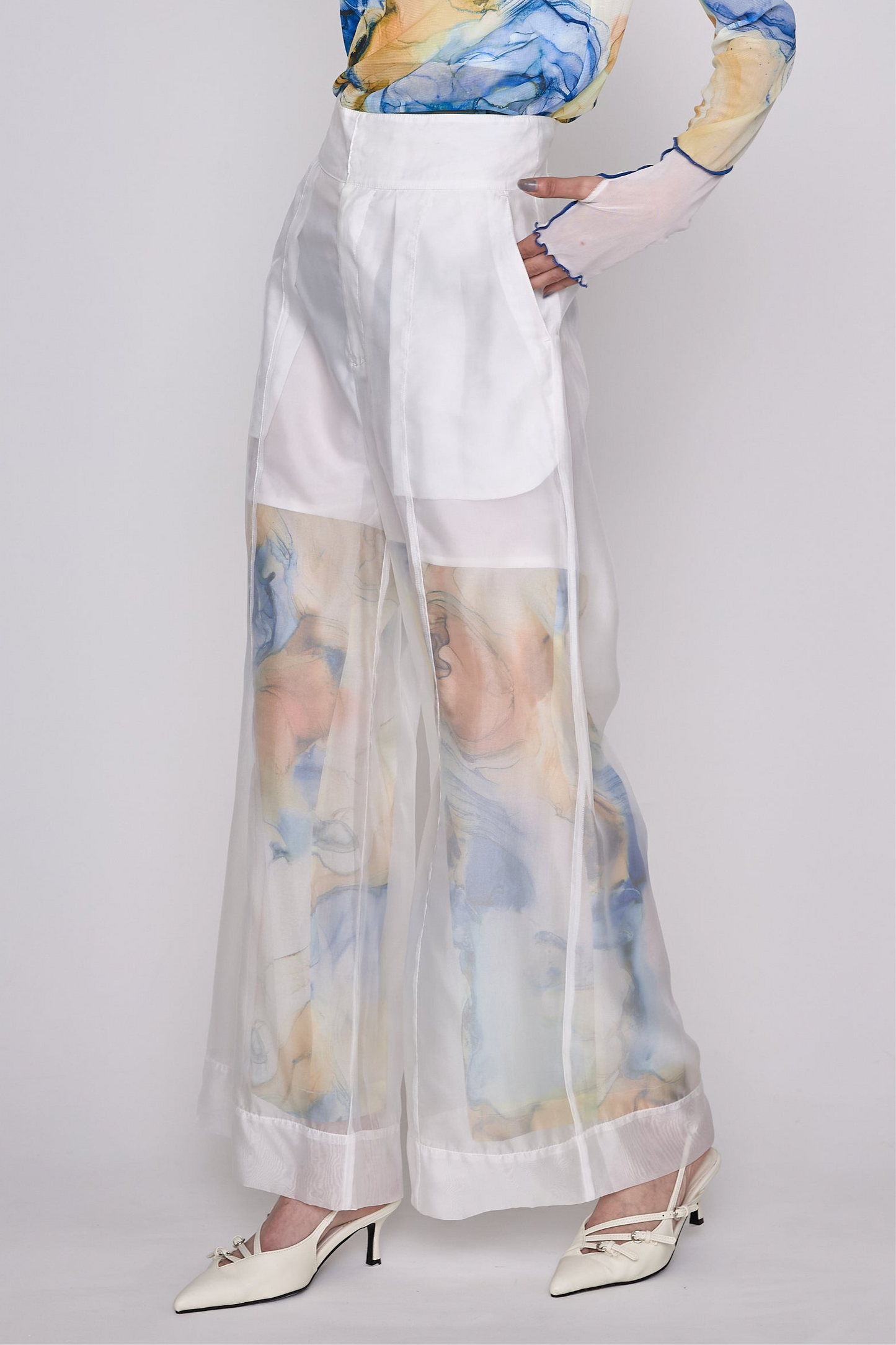 【残1点】Marble paint sheer wide pants