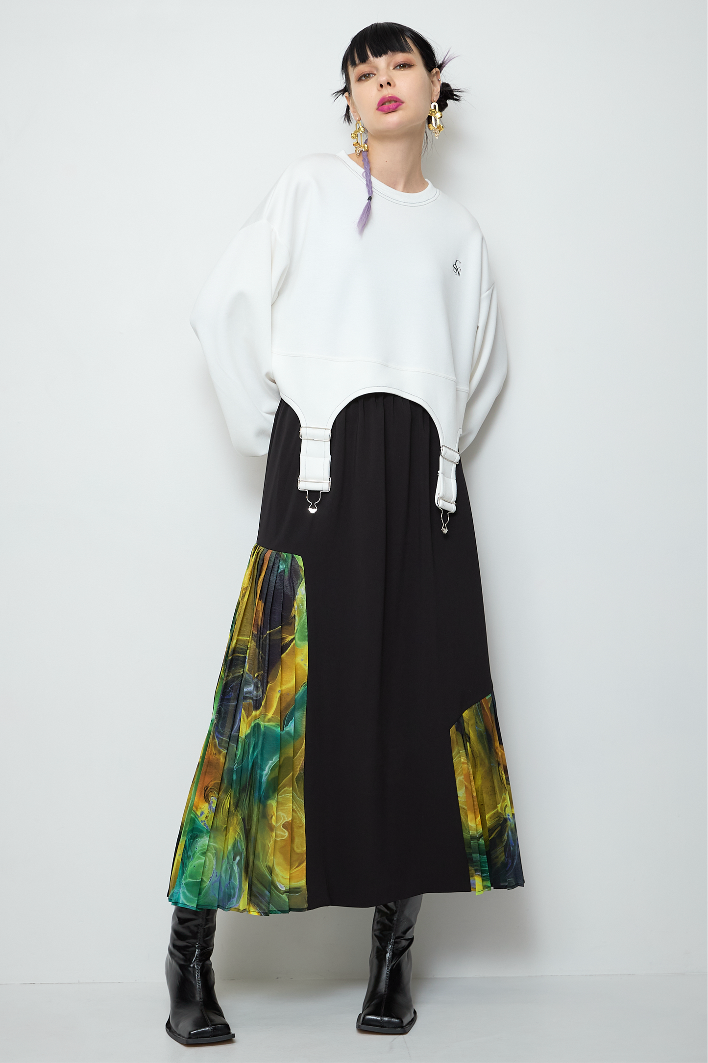 Marble Paint Asymmetry Pleated Skirt