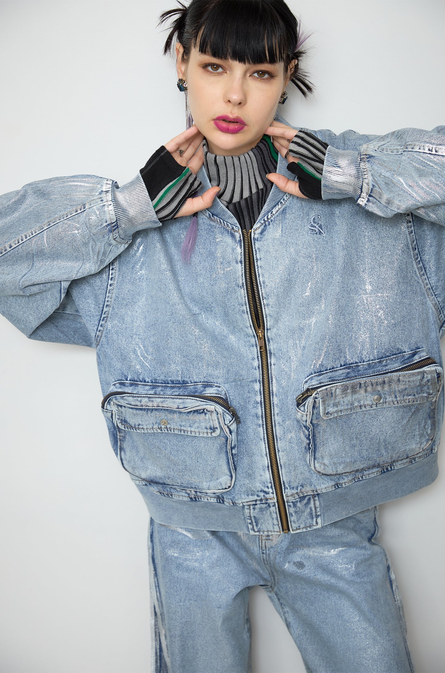 Foil print denim blouson