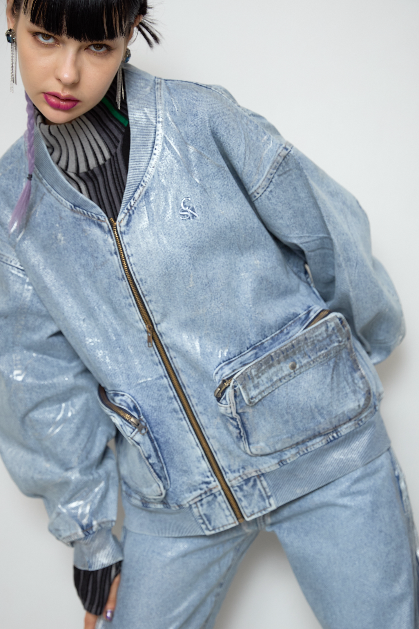 Foil print denim blouson