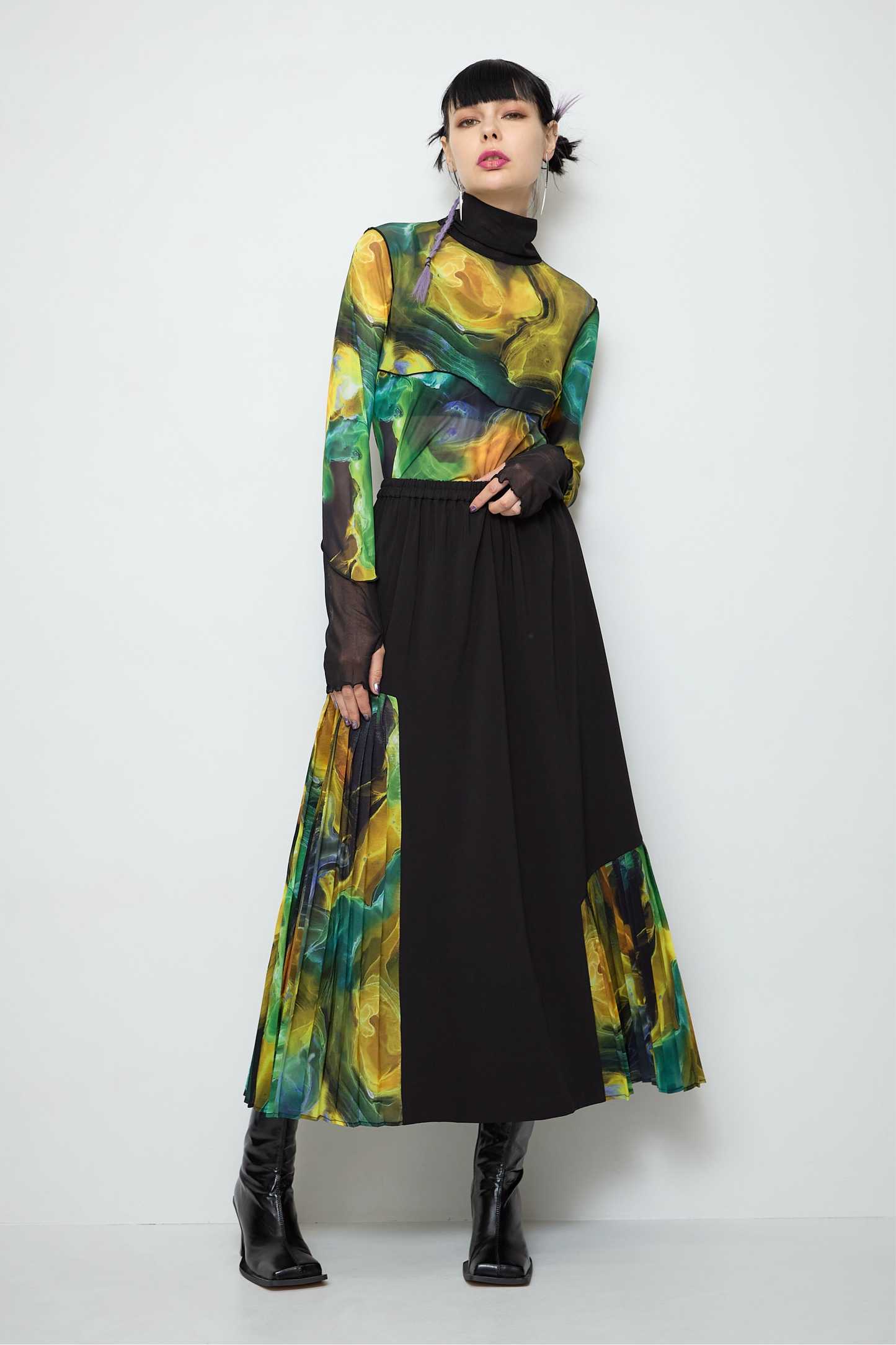 Marble Paint Asymmetry Pleated Skirt