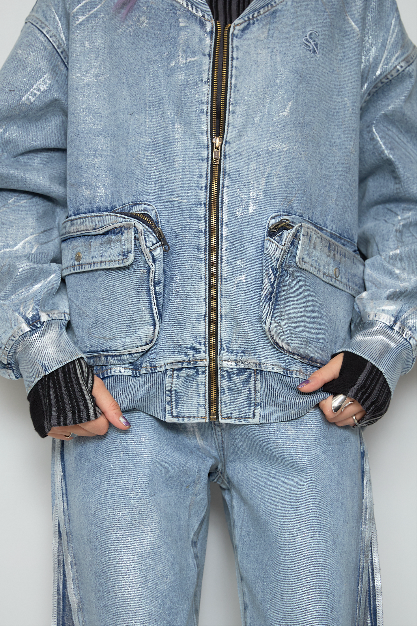 Foil print denim blouson