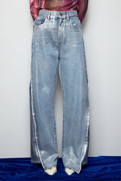 【OUTLET】Foil print flare denim