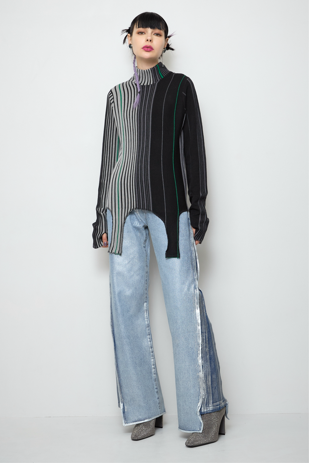 Irregular hem multicolor rib knit