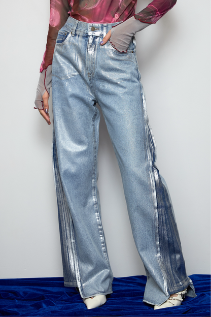 【OUTLET】Foil print flare denim