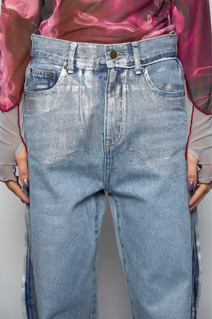 【OUTLET】Foil print flare denim