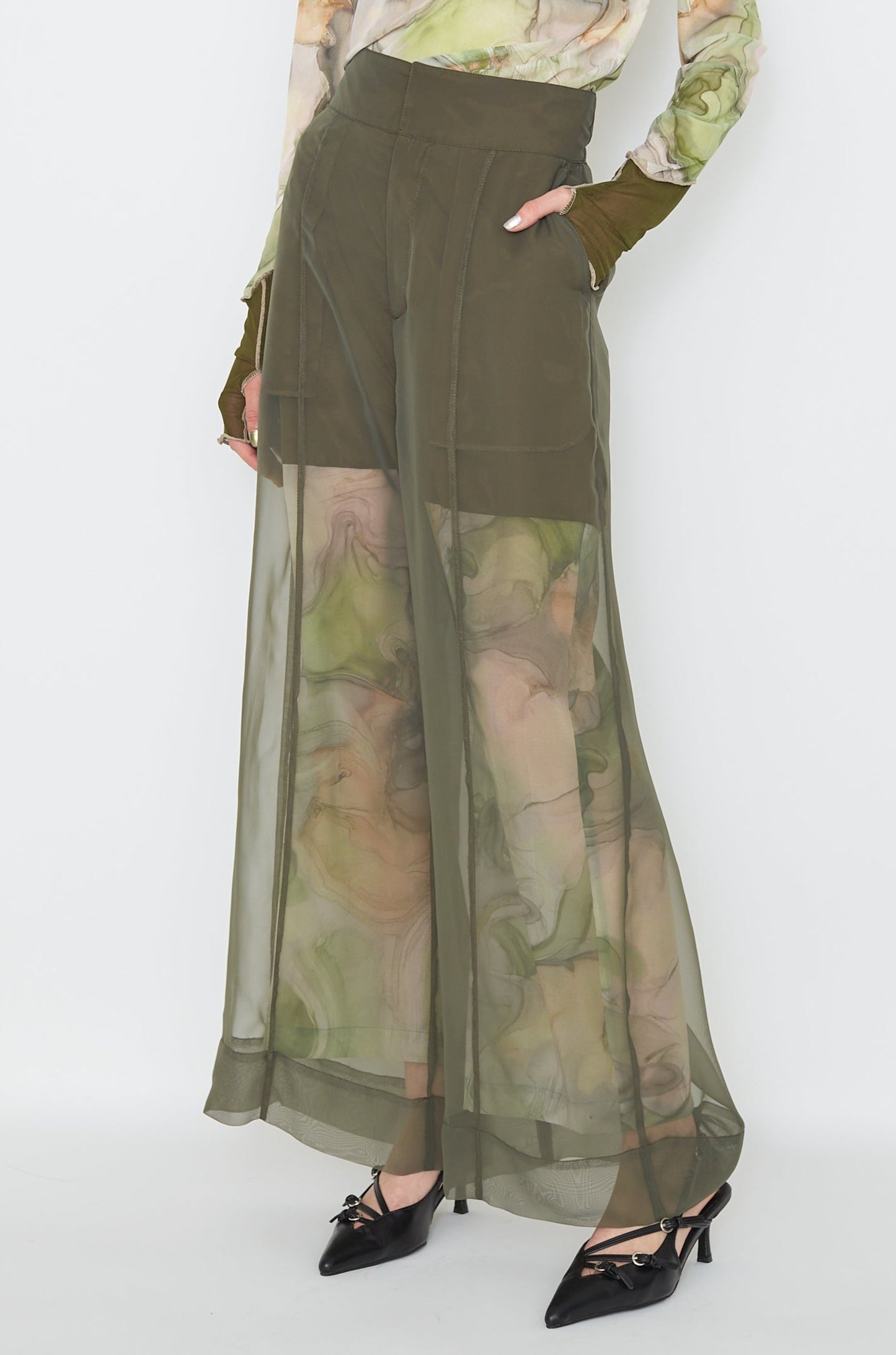 【SAMPLE SALE】Marble paint sheer wide pants