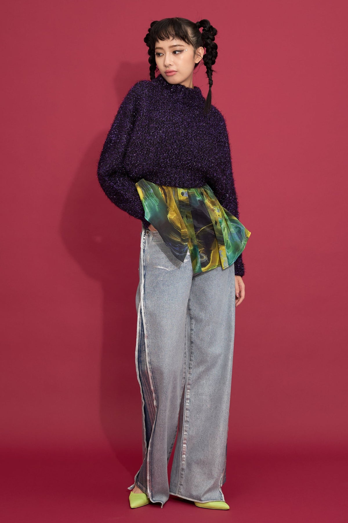 2way lame shaggy layered knit