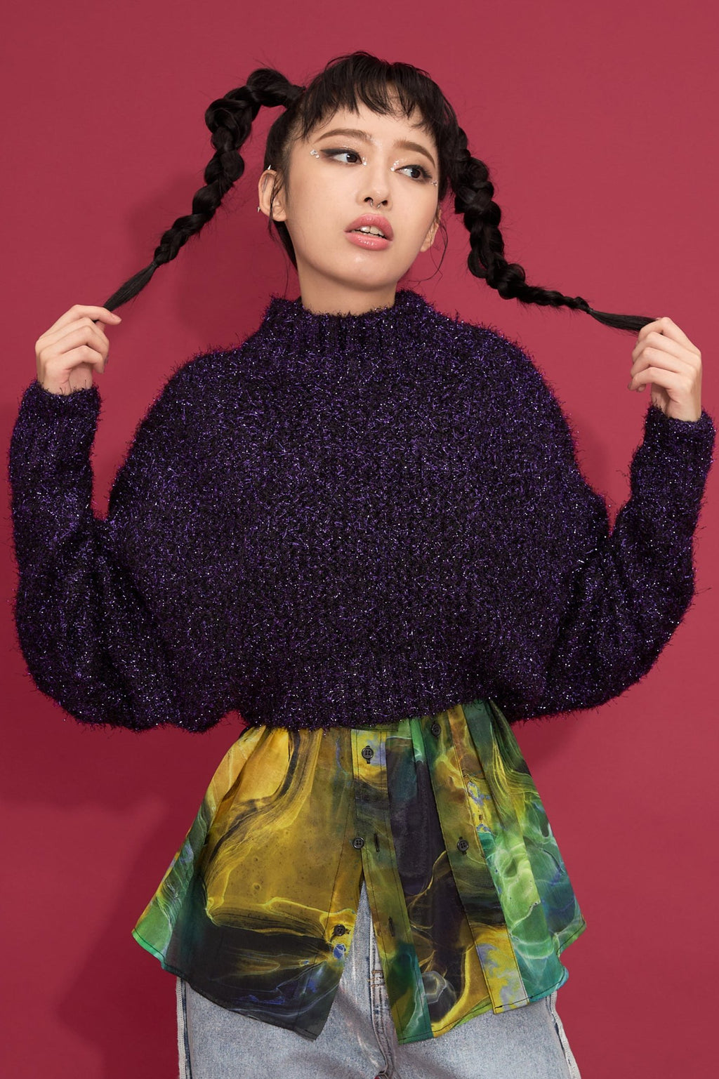 2way lame shaggy layered knit