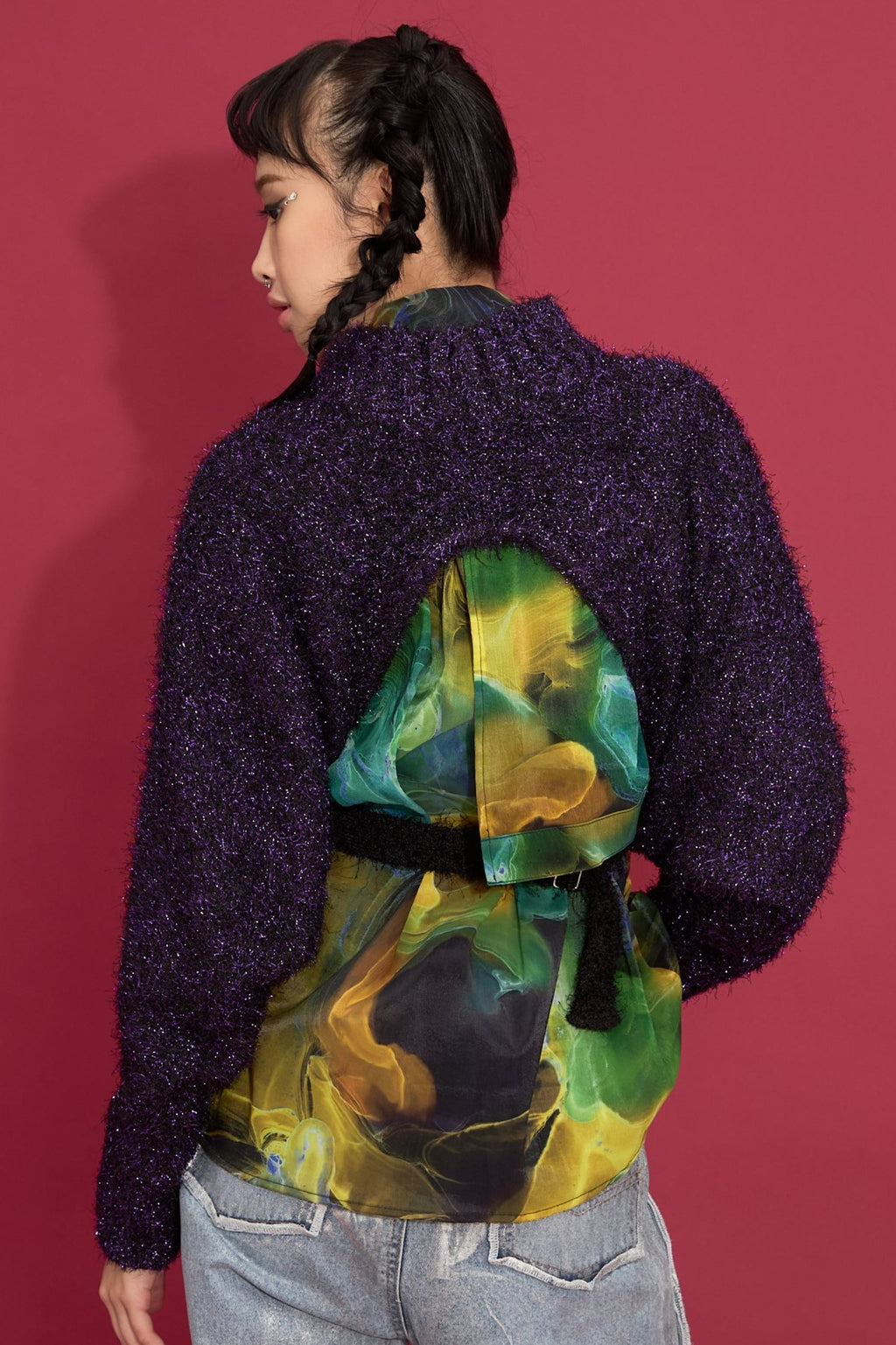 2way lame shaggy layered knit