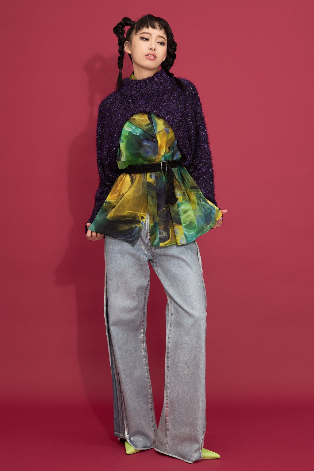 2way lame shaggy layered knit