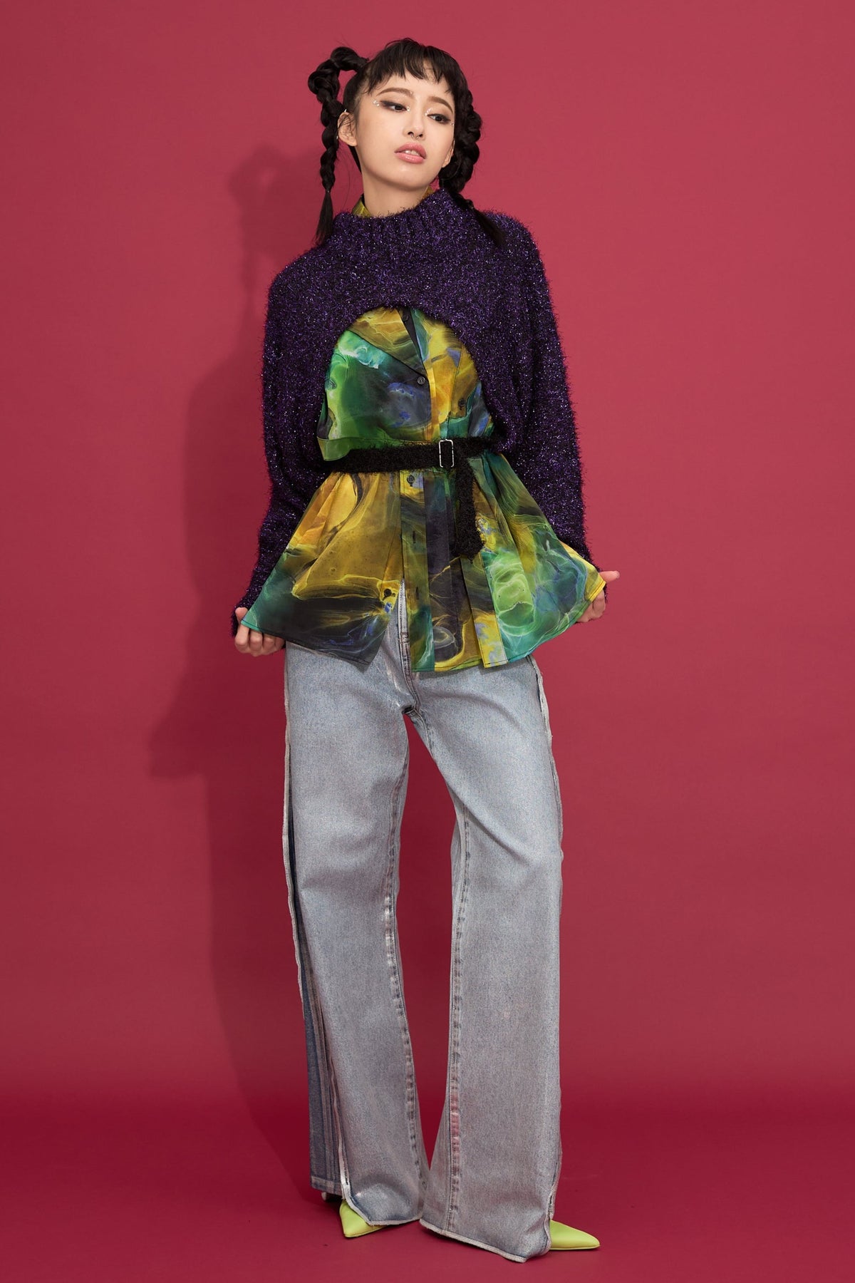 2way lame shaggy layered knit