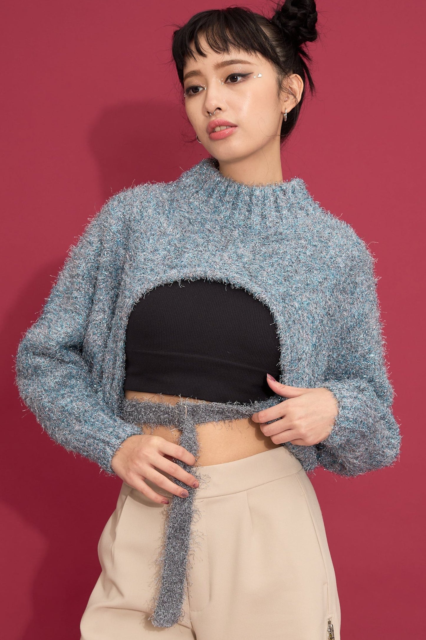 2way lame shaggy layered knit