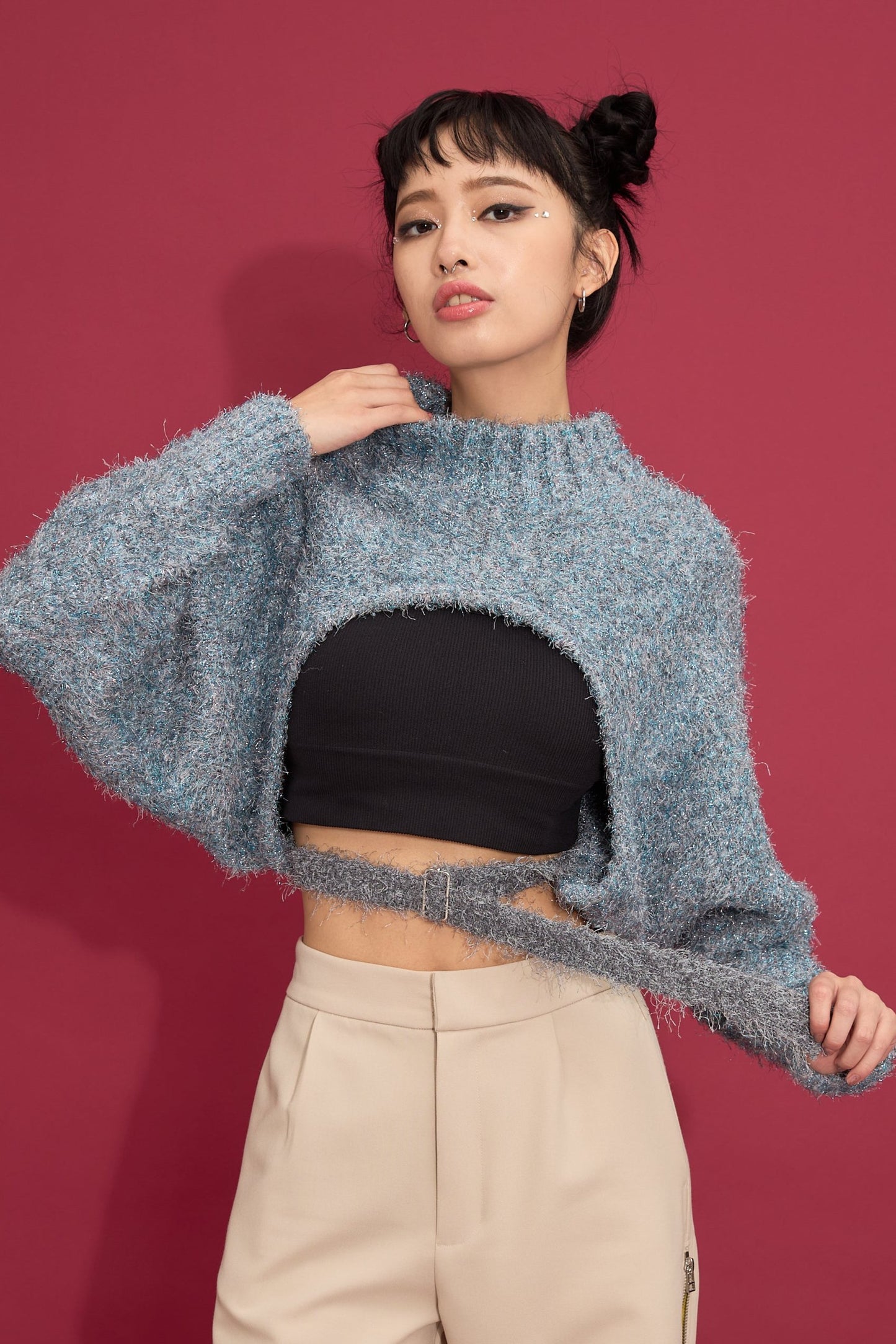 2way lame shaggy layered knit