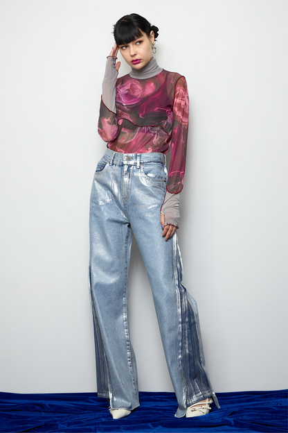 【OUTLET】Foil print flare denim
