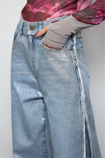 【OUTLET】Foil print flare denim
