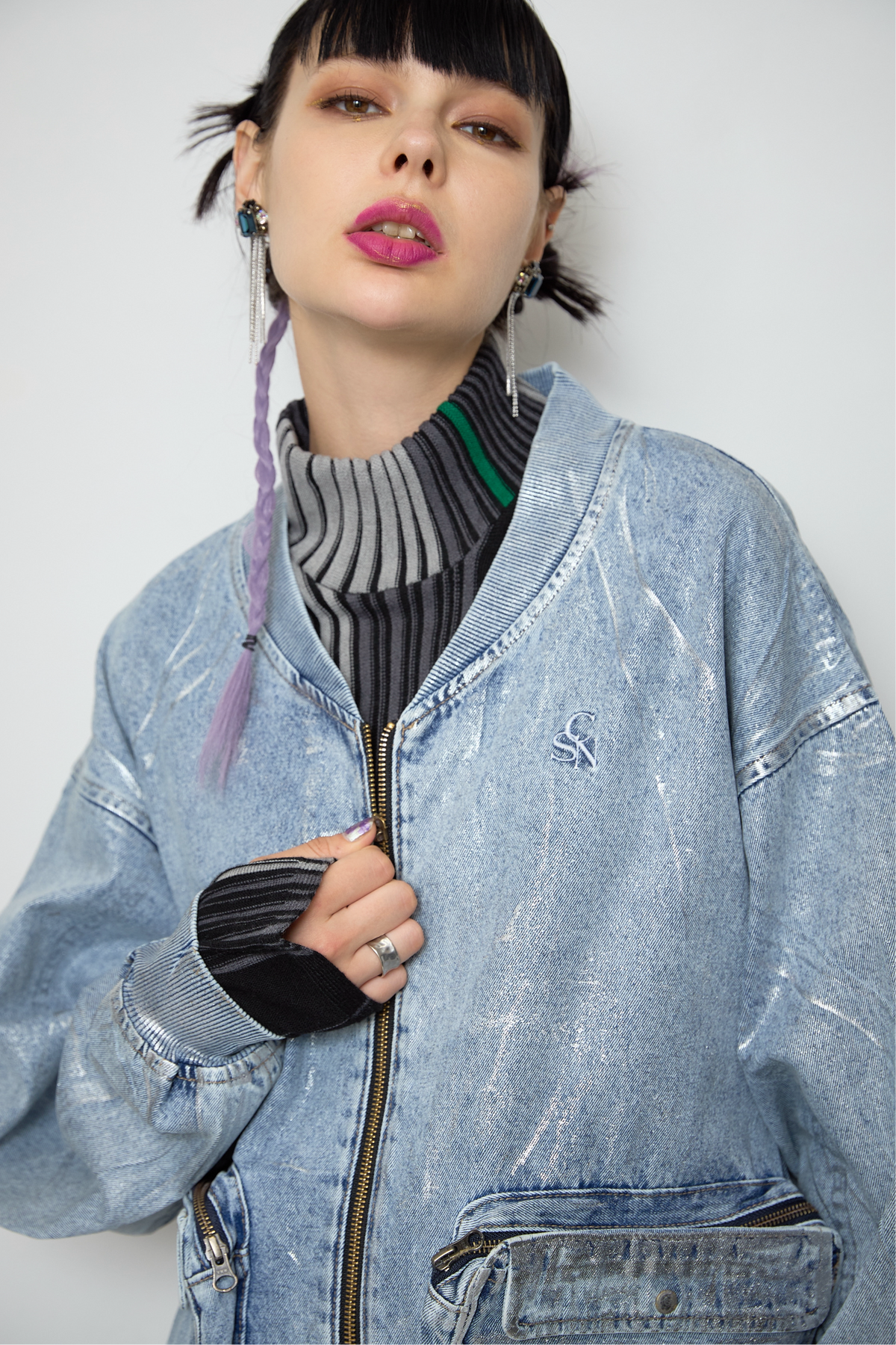 Foil print denim blouson