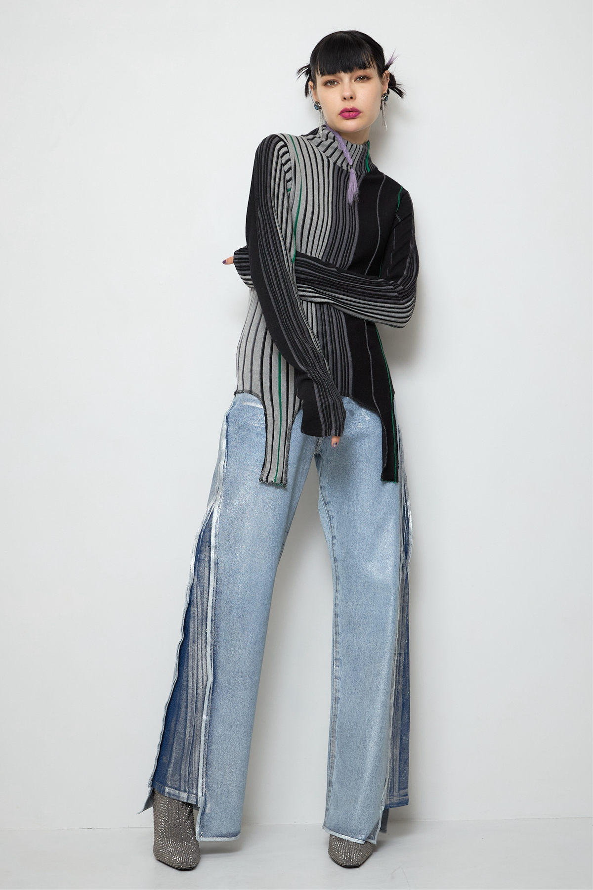 Irregular hem multicolor rib knit