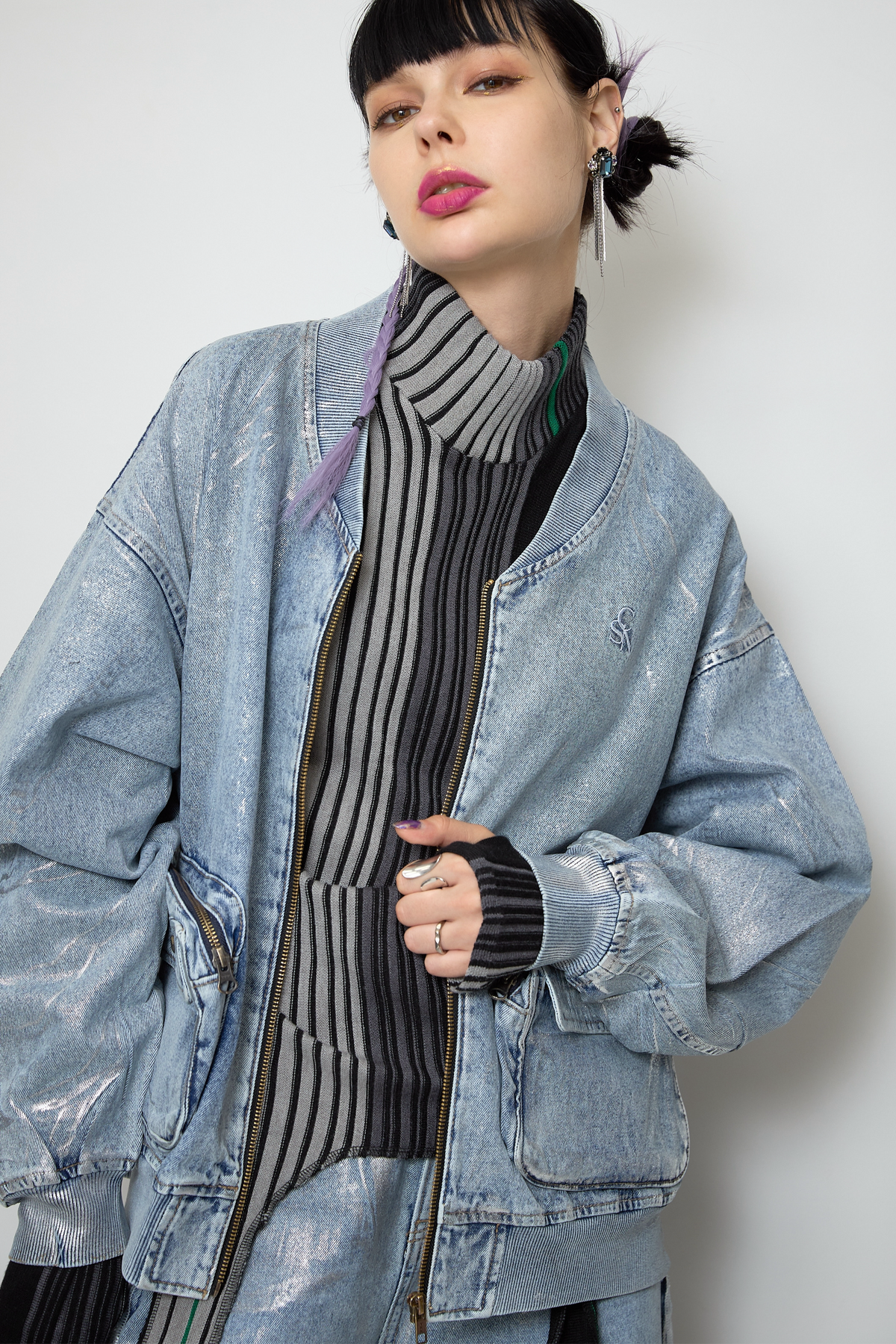 Foil print denim blouson